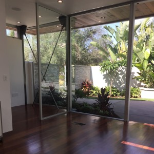 the glass office and front entry gate outside
