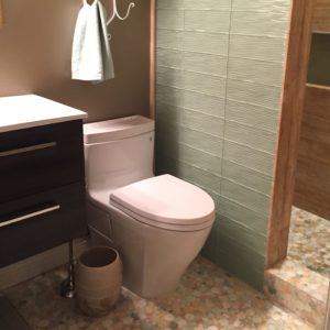 upstairs bathroom. they chose a seafoam green for the shower wall that perfectly compliments the mosaic tile floor